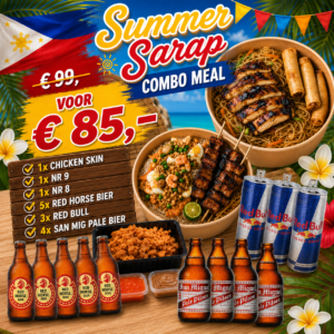 Summer Combo eten van sarap to go. 1x chicken skin - 1x nr 9 - 1x nr 8 - 5x red horse bier - 3x red bull - 4x san mig pale bier