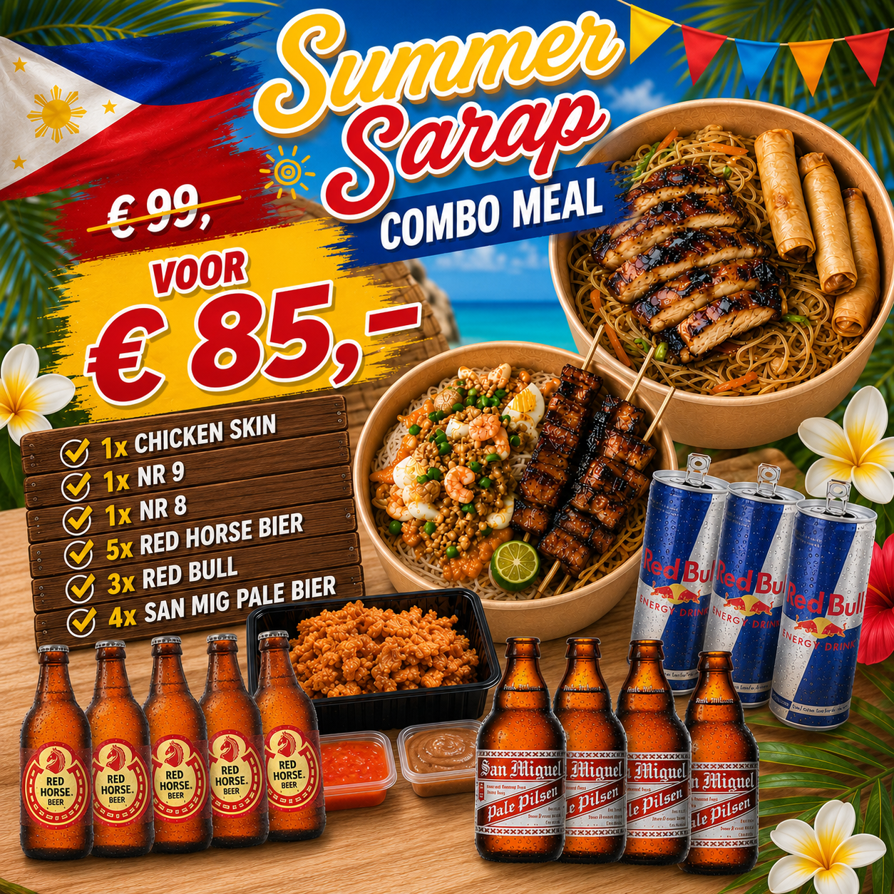 Summer Combo eten van sarap to go. 1x chicken skin - 1x nr 9 - 1x nr 8 - 5x red horse bier - 3x red bull - 4x san mig pale bier